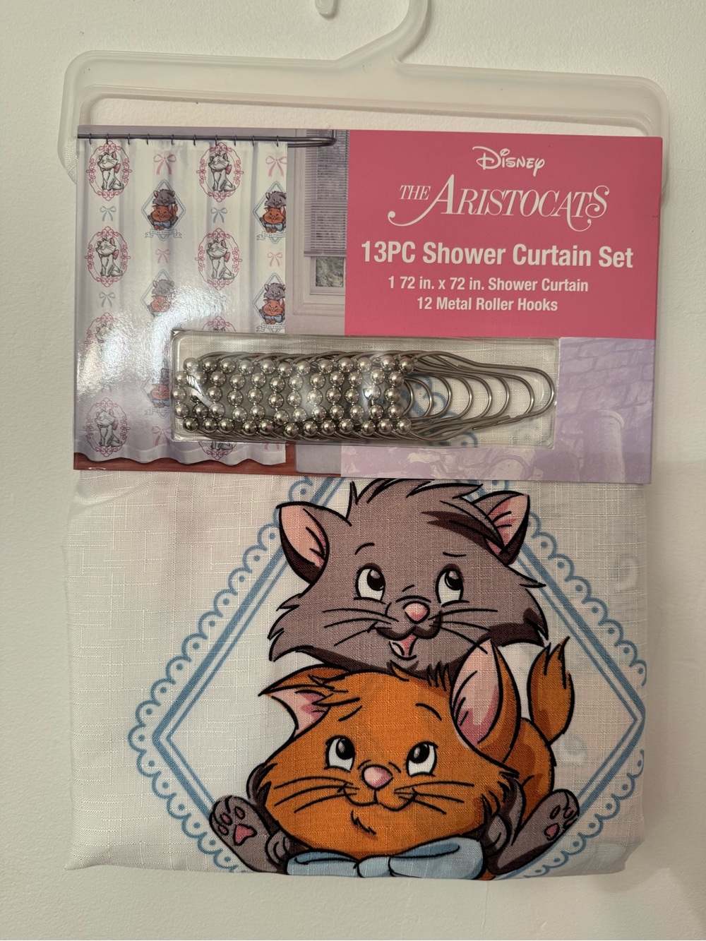 Disney The Aristocats Pink and Blue Shower Curtain Set with Metal Hooks